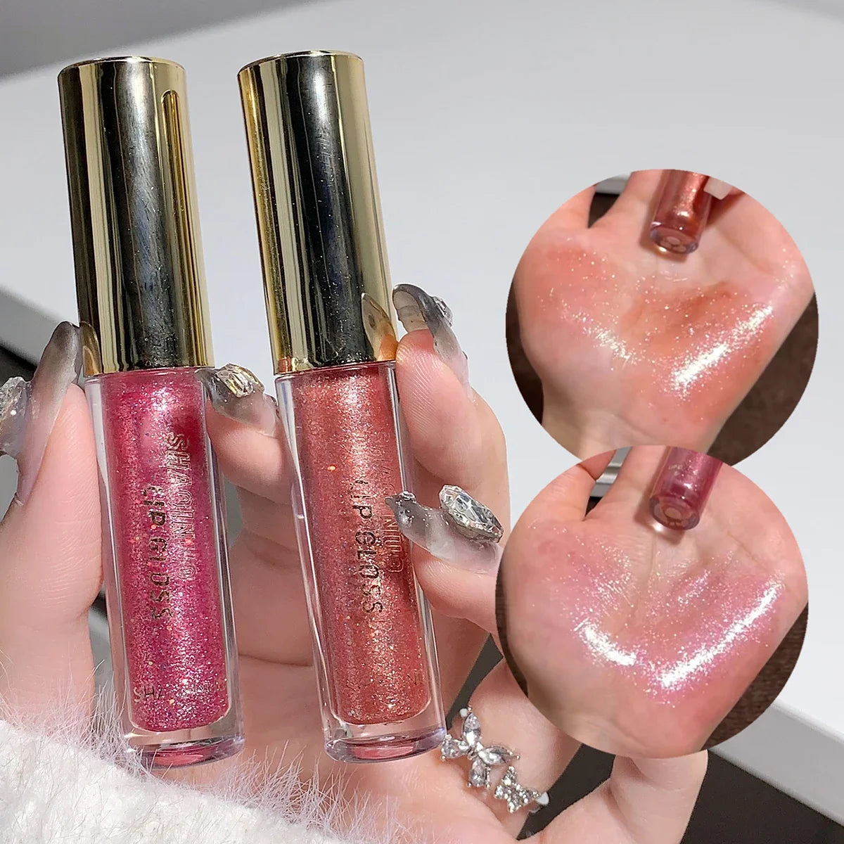 Blushimmer water-glossy lip gloss with a sparkling, moisturizing finish, creating a plump, shiny pout with a mirror-like shine.