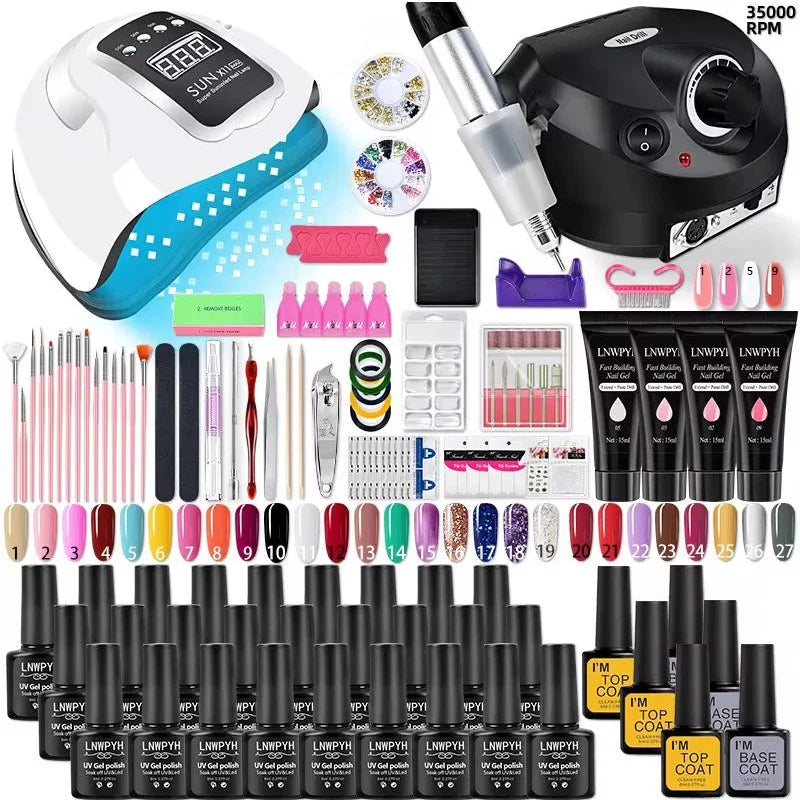 Blushimmer acrylic nail kit with UV gel, nail lamp, glitter gel, and manicure tools for professional nail extensions and designs.