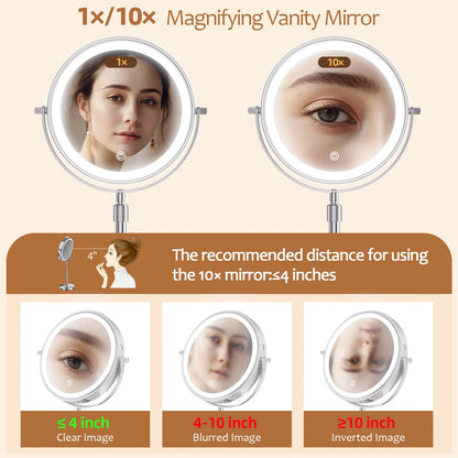 Blushimmer 8-inch makeup mirror with light, 10x magnification, adjustable brightness, three color lights, and height stand.