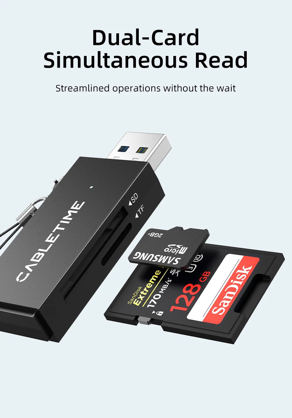 CABLETIME High-Speed Dual-Port Card Reader USB C & USB 3.0 SD Card Reader for Laptop Accessories 104MB/s 5Gbps Card Reader