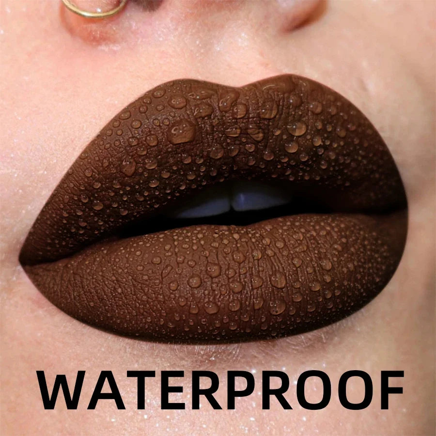 Blushimmer matte velvet liquid lip gloss in nude and red shades, waterproof, with black lips tint, lip glaze, and lip stain for beauty.