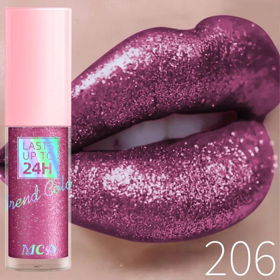 Blushimmer glitter lip gloss in 18 colors, waterproof, long-lasting liquid lipstick with pearl shine and sparkling finish.