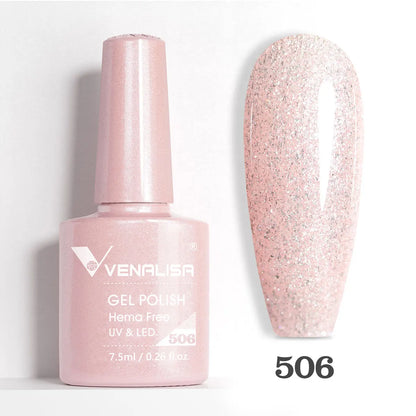 Blushimmer Venalisa HEMA TPO free nail gel polish with glitter, pink nude full coverage for UV and LED French nail designs.