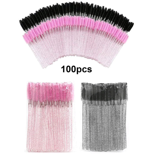 Set of 100 disposable eyelash extension brushes and spoolies by Blushimmer, micro mascara wands and lash combs for professional use.