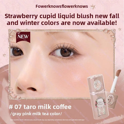 Blushimmer Flower Knows Strawberry Cupid liquid blush in 7g tube, silky cream finish, lightweight, skin-like makeup effect.