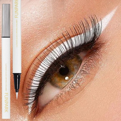White liquid eyeliner pen by Blushimmer, matte waterproof long-lasting formula, shown with the pen tip and product packaging.