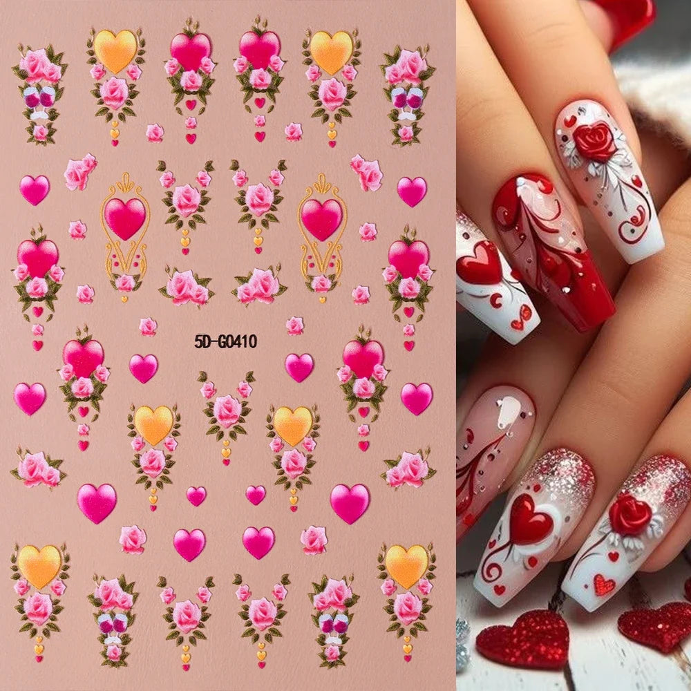 Red lips and love heart Valentine’s Day nail decal stickers by Blushimmer, featuring self-adhesive romantic nail decor for DIY manicure.