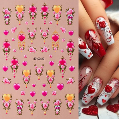 Red lips and love heart Valentine’s Day nail decal stickers by Blushimmer, featuring self-adhesive romantic nail decor for DIY manicure.