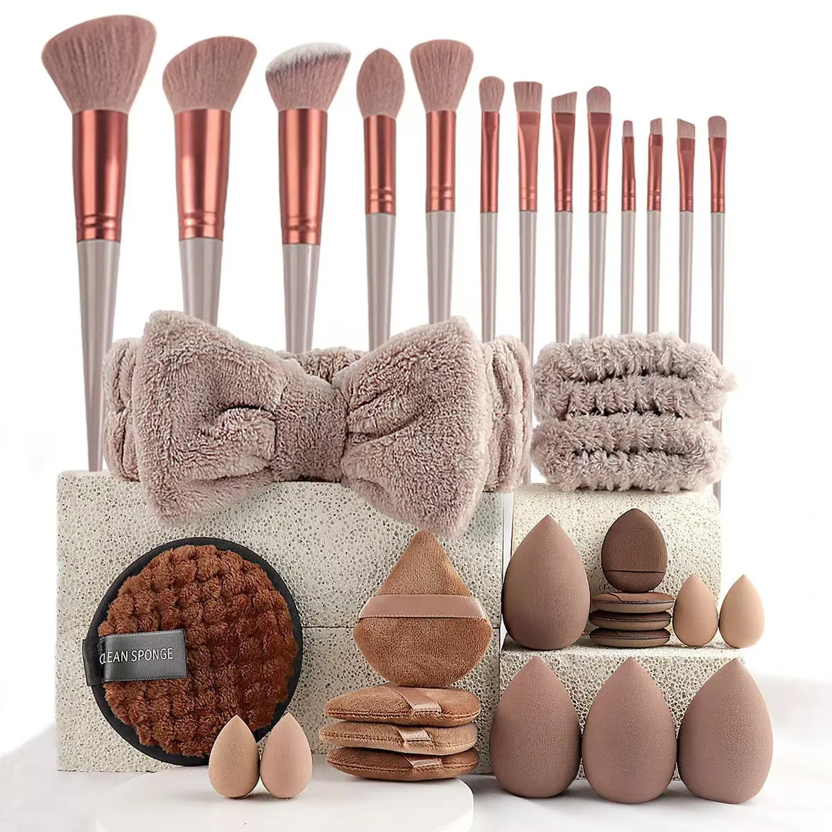 Blushimmer 33-piece makeup sponge set with large and small beauty blenders for flawless makeup application and removal.
