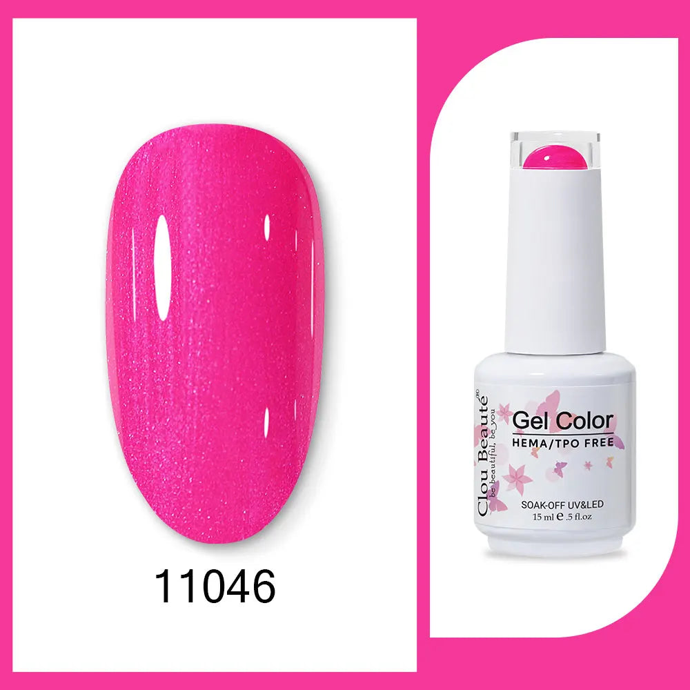 Clou Beaute neon gel nail polish base and top coat by Blushimmer in red, black, white, green, and velvet finish, 15ml bottle.