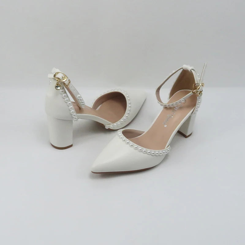 BaoYaFang Bridal wedding shoes Women Thin Heel Pointed Toe Pearl Female Ladies Party Shoe Ankle Strap Buckle Autumn Ladies Shoe