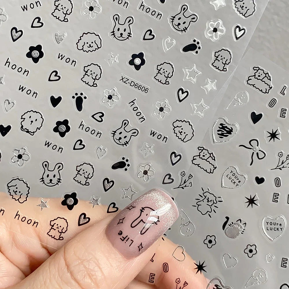 Black cat nail stickers set by Blushimmer featuring cute cartoon puppy and kitten nail art decals for kids' manicures.