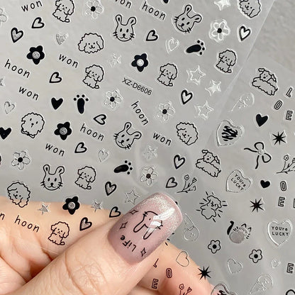 Black cat nail stickers set by Blushimmer featuring cute cartoon puppy and kitten nail art decals for kids' manicures.