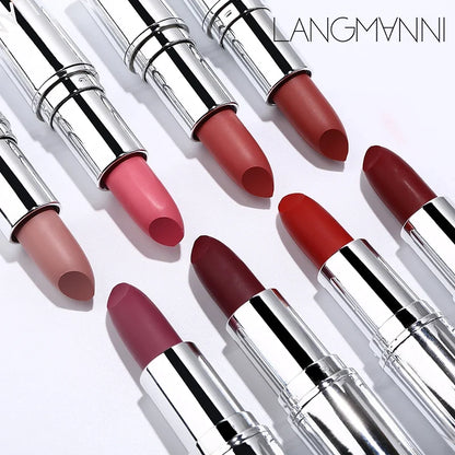 Blushimmer Langmani silver tube matte lipstick in a sleek silver packaging, showcasing one of the 8 available lipstick shades.