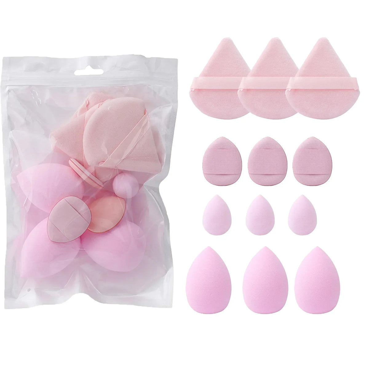 Blushimmer 12-piece all-purpose makeup sponge set with powder puffs, mini air cushion puffs, beauty eggs, and mini beauty blenders.