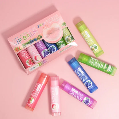 Blushimmer DNM Multi Fruit Flavors Lip Balm Set with six moisturizing, hydrating lip care balms in colorful containers.