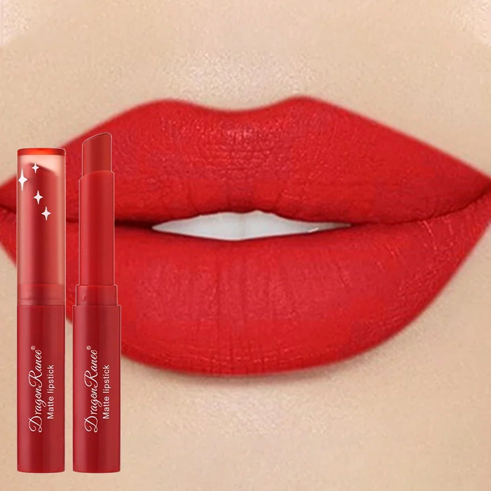 Blushimmer nude matte waterproof lipstick in sexy red velvet shade, long-lasting lip cosmetic for women with a smooth finish.