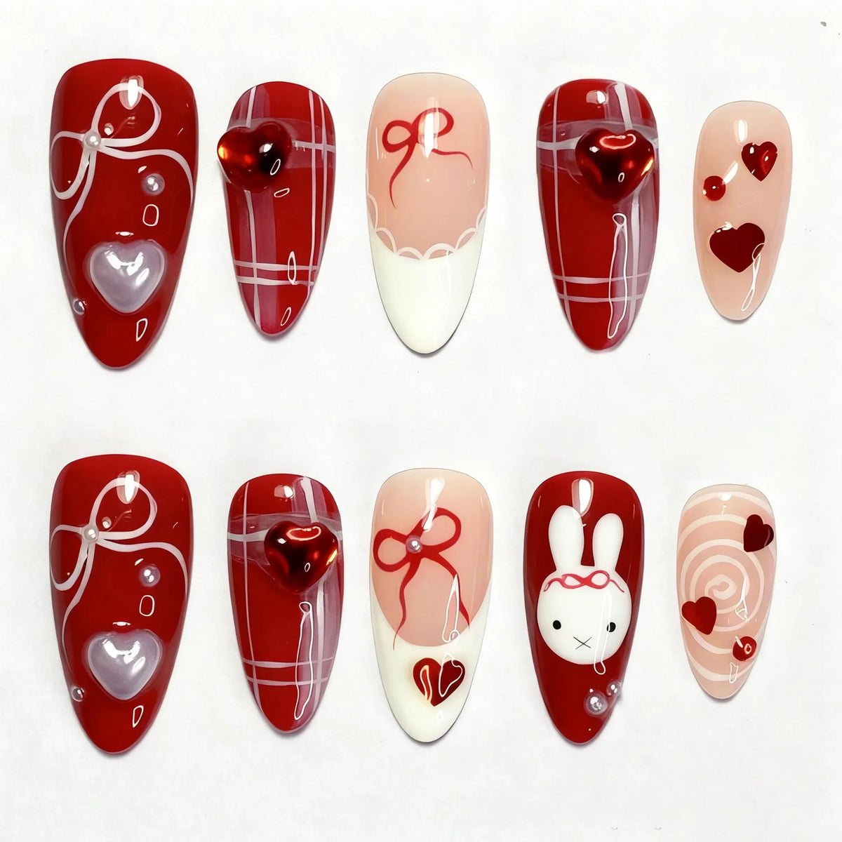 Set of 24 Blushimmer wine red almond press-on nails with cartoon rabbit, bowknot, plaid, pearl accents, and French style for girls.