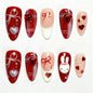 Set of 24 Blushimmer wine red almond press-on nails with cartoon rabbit, bowknot, plaid, pearl accents, and French style for girls.
