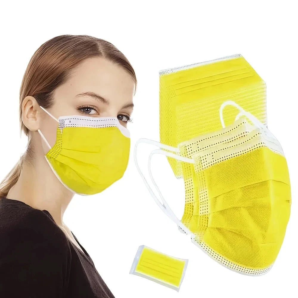 200-pack yellow disposable protective masks with 3-layer thickened, breathable fabric, adjustable ear loops, and snug nose pads.