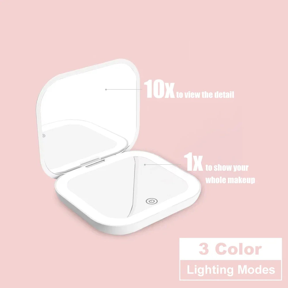 Blushimmer compact mirror with LED lights, folding handheld design, 1X/2X magnification, portable travel makeup mirror for purse.