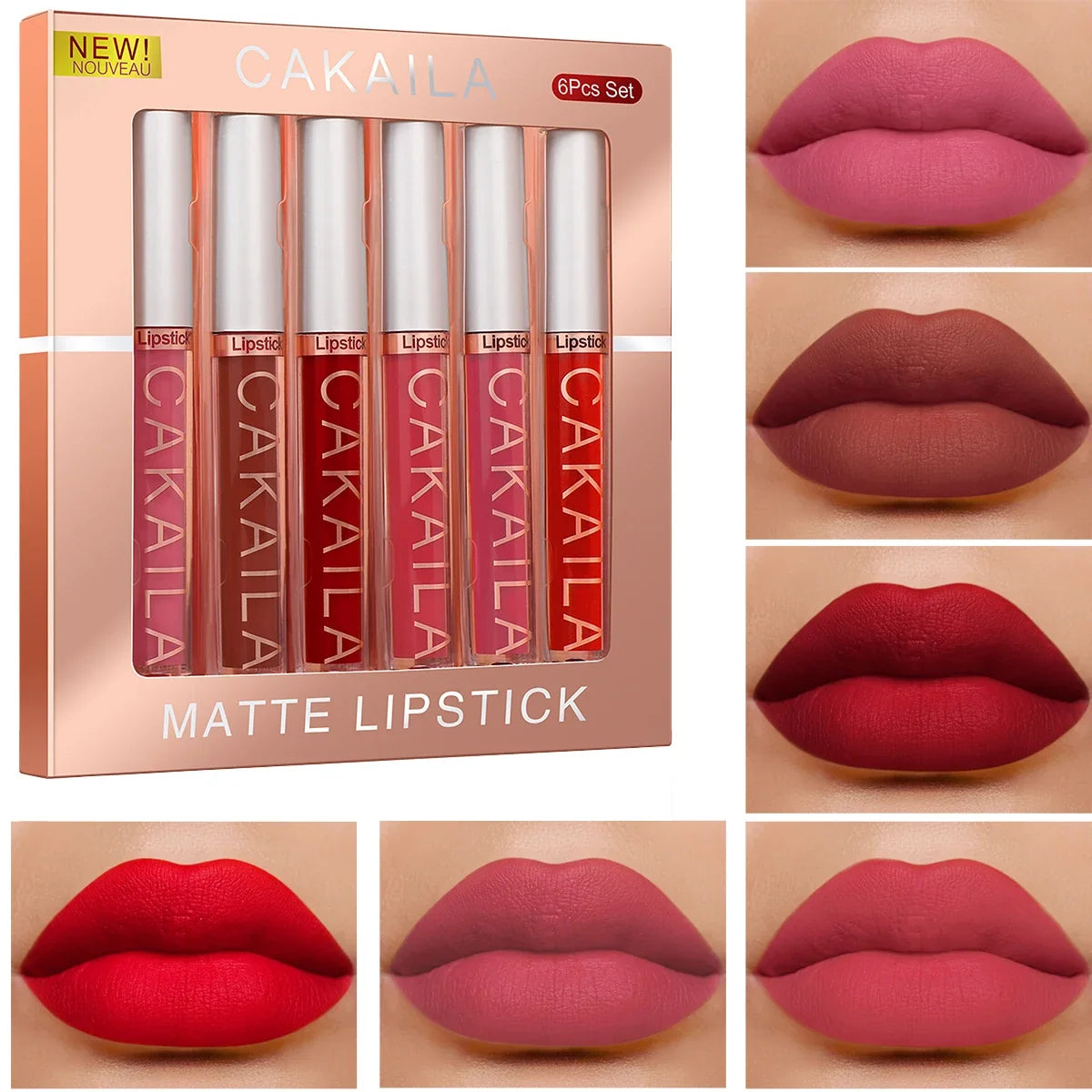 Blushimmer CAKAILA 6-color liquid matte lipstick set with velvet finish, waterproof, long-lasting, non-stick, and fade-resistant lip glosses.