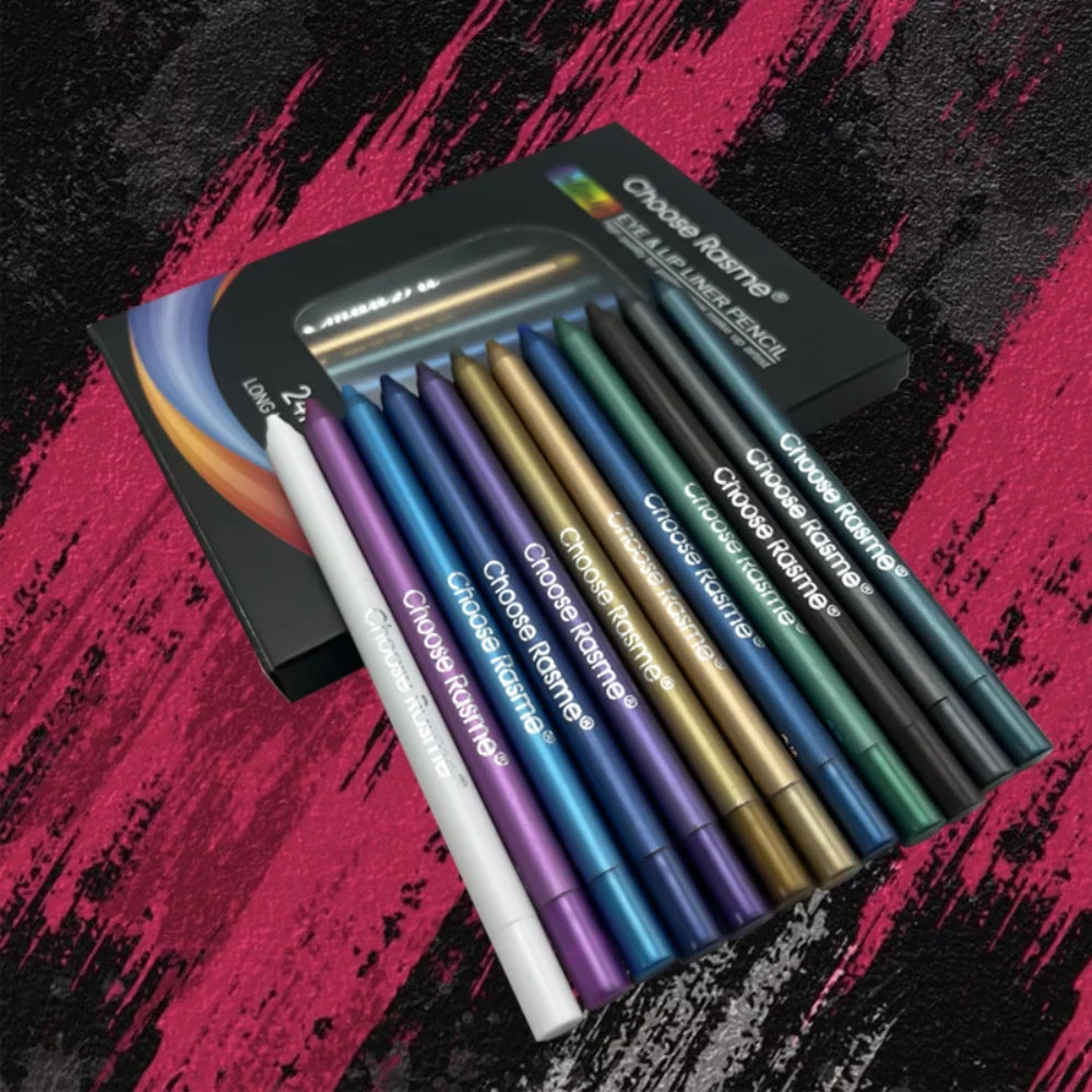 Set of 12 waterproof Blushimmer eyeliner pens with shimmering effects, featuring easy-to-apply, colorful eyeliners and highlighters.