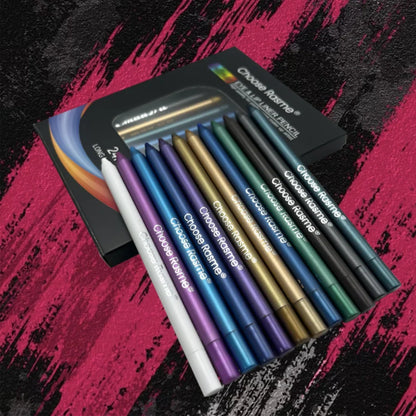 Set of 12 waterproof Blushimmer eyeliner pens with shimmering effects, featuring easy-to-apply, colorful eyeliners and highlighters.