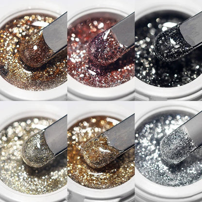 Silver and gold metallic nail gel by Blushimmer with UV glitter, reflective finish, soak-off formula, suitable for professional painted nails.