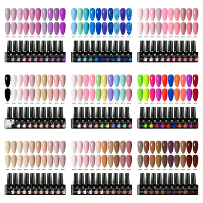 Blushimmer 10-piece HEMA-free gel nail polish set with vibrant colors for all-season DIY nail art, long-lasting UV/LED manicure kit.