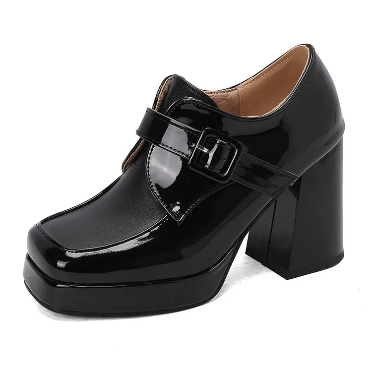 NASBAVI Ladies Pumps Square Toe Block Heels 9.5cm Platform 2cm Belt Buckle Plus Size 46 47 48 Fashion Dating Party Women Shoes
