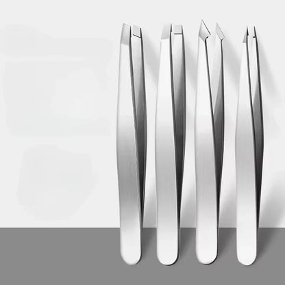 Blushimmer 4-piece professional stainless steel tweezers set with angled tips for eyebrow shaping, beard plucking, and hair removal.