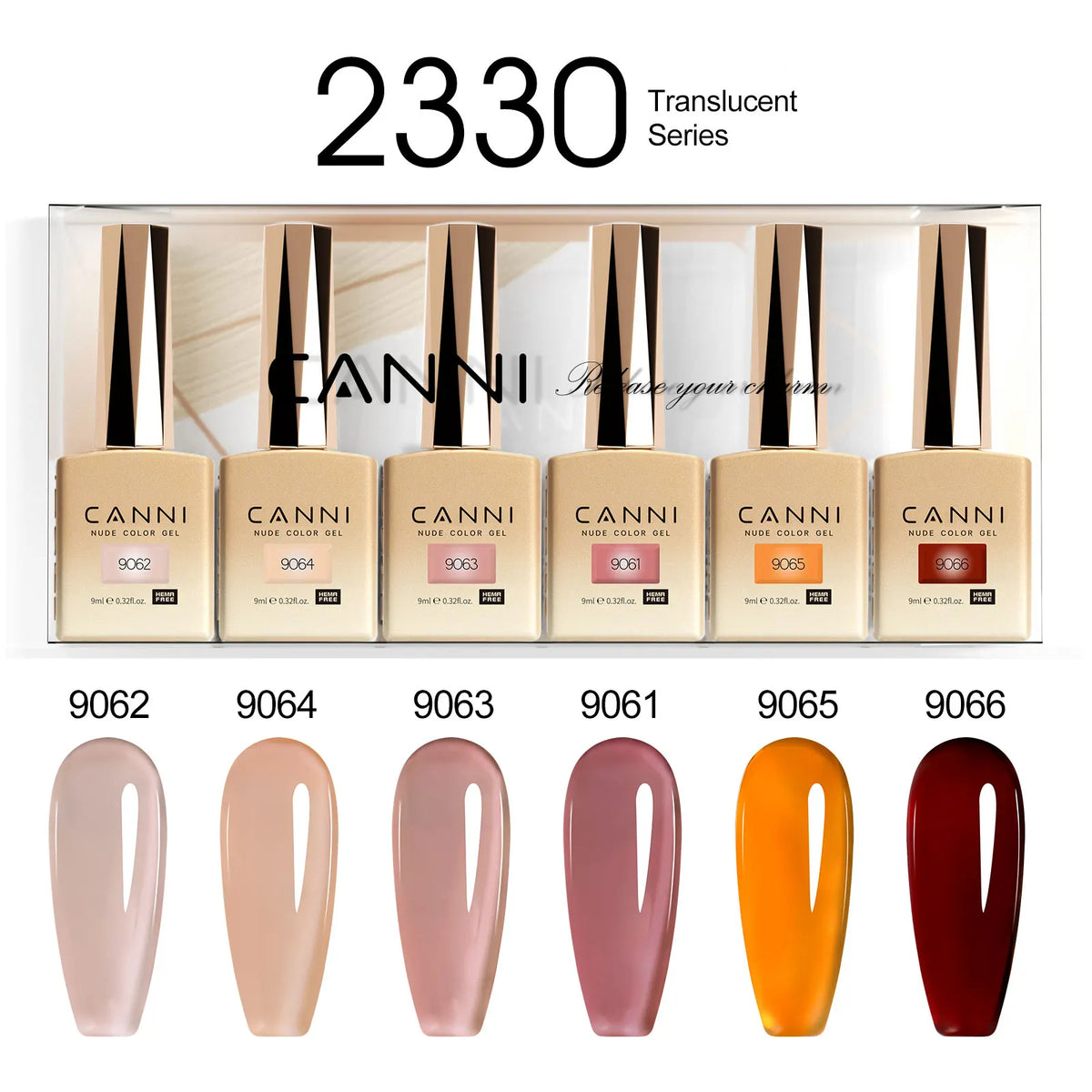 Blushimmer 6-pack 9ml CANNI HEMA free gel nail polish set with vibrant semi-permanent colors for UV and LED gel nails.