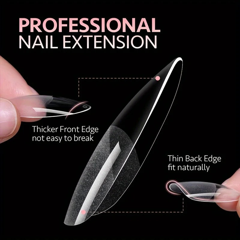 Set of 120 Blushimmer full cover press-on nail tips in stiletto, almond, square, and coffin shapes for gel nail extensions.