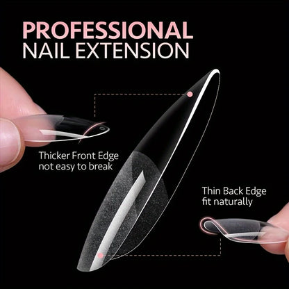 Set of 120 Blushimmer full cover press-on nail tips in stiletto, almond, square, and coffin shapes for gel nail extensions.