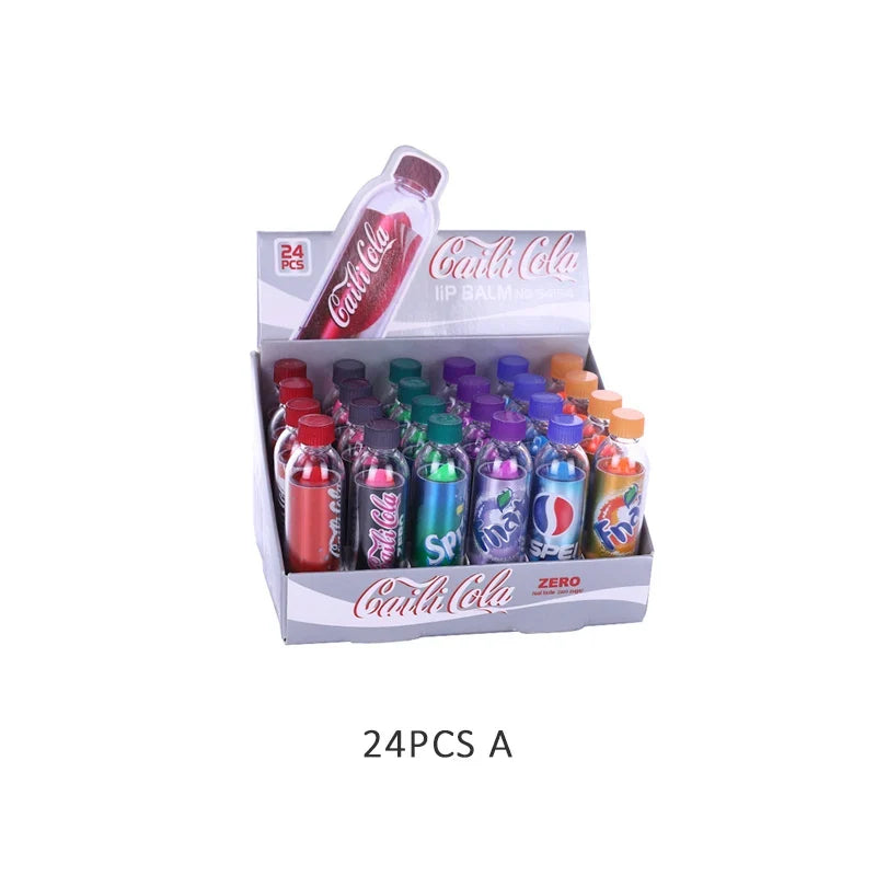 Blushimmer 24-pack of moisturizing color-changing lip balms with kawaii soda flavor, cute packaging, ideal for girls' party favors