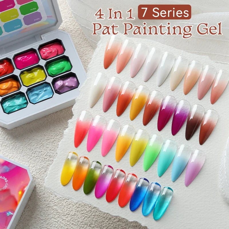 Blushimmer UR Sugar 9-color gradient painting gel for nail art, showing vibrant gel colors and gradient nail design on a display surface.