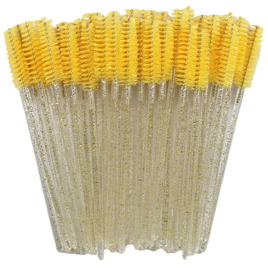 Set of 50 disposable makeup eyelash brushes with crystal diamond handles, mascara wand applicators for eyebrows and lash extensions.