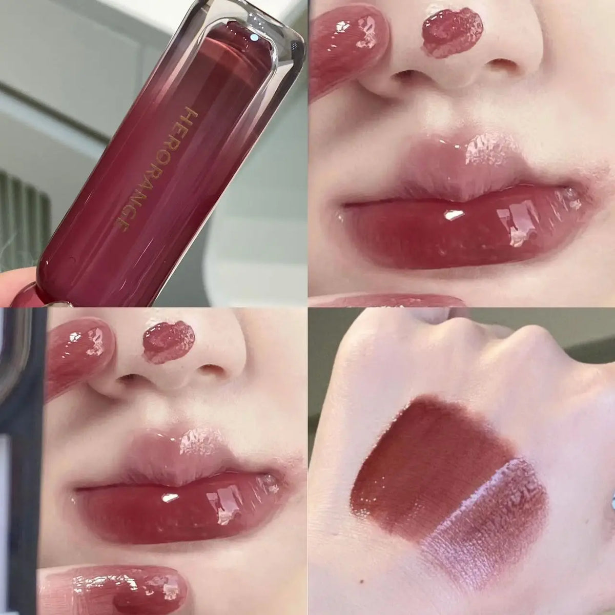 Blushimmer smoked grape purple red lip gloss with moisturizing liquid lipstick and clear tint, reflecting in a mirror.