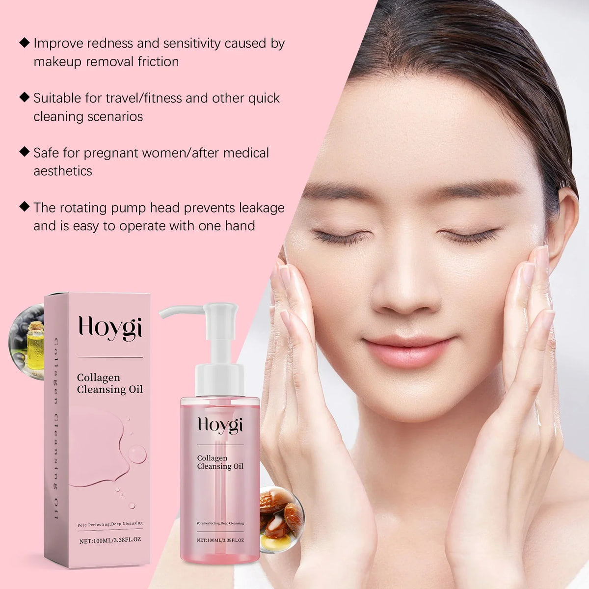 Blushimmer collagen makeup remover oil with jojoba oil, deep cleansing facial cleanser for gentle pore dirt removal and daily makeup removal
