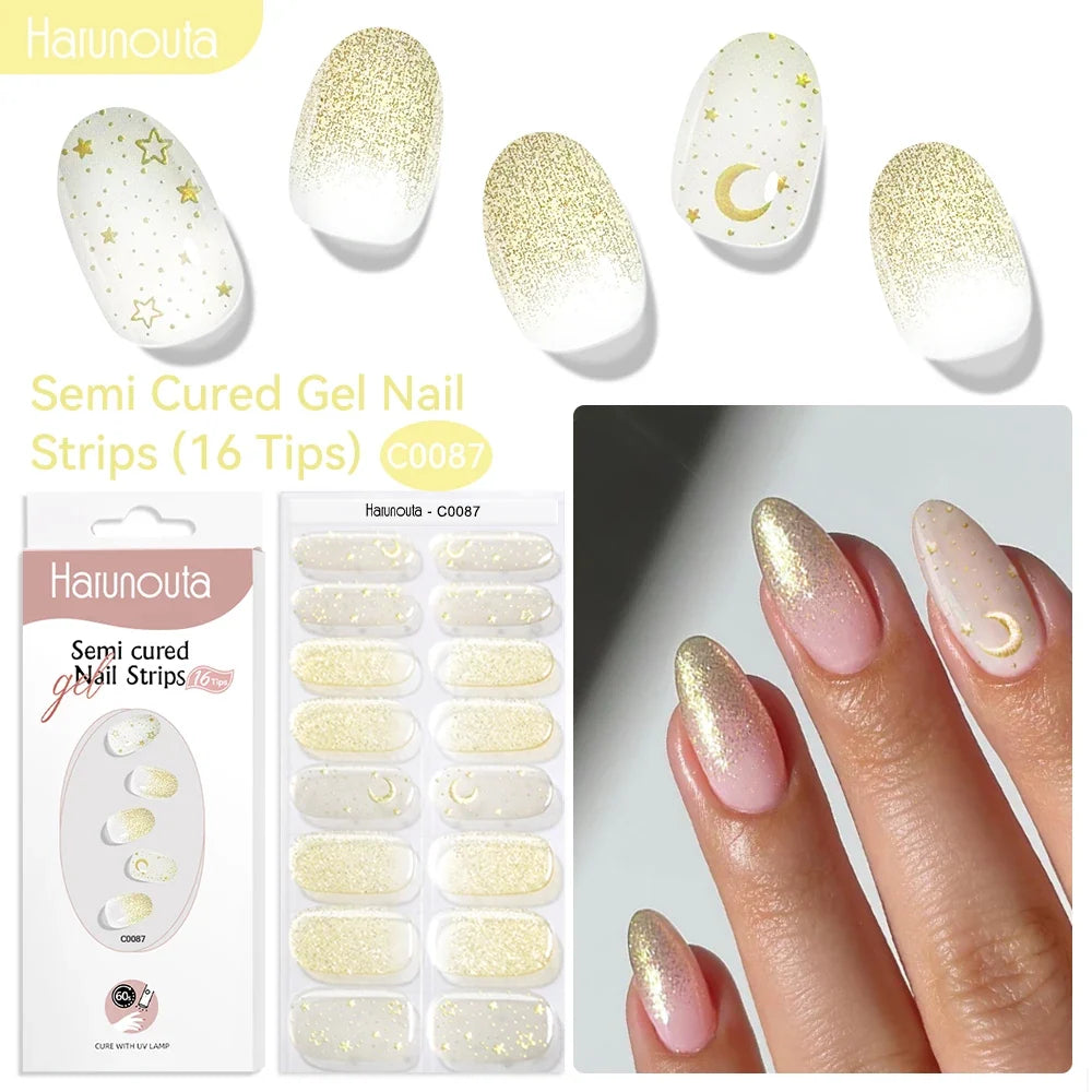 Blushimmer Harunouta 16-strip gradient red marble gel nail stickers with gold lines, suitable for UV/LED gel manicures.