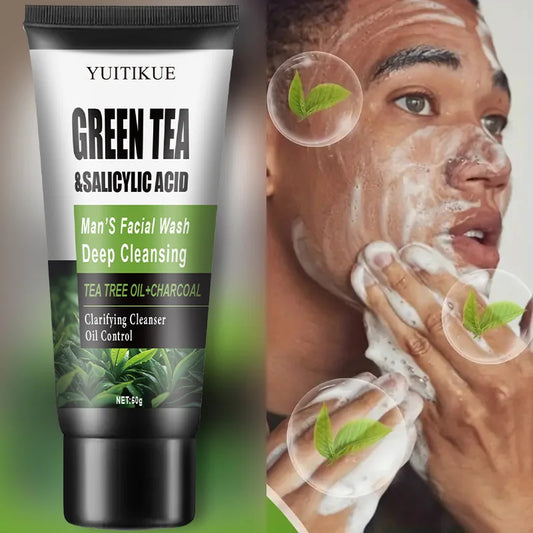 Men's facial wash by Blushimmer with green tea, salicylic acid, tea tree, and charcoal for deep cleansing and oil control.