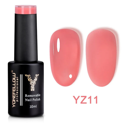 YOKEFELLOW 10ml translucent pink gel nail polish from Blushimmer, showing a glossy, smooth finish on natural nails.