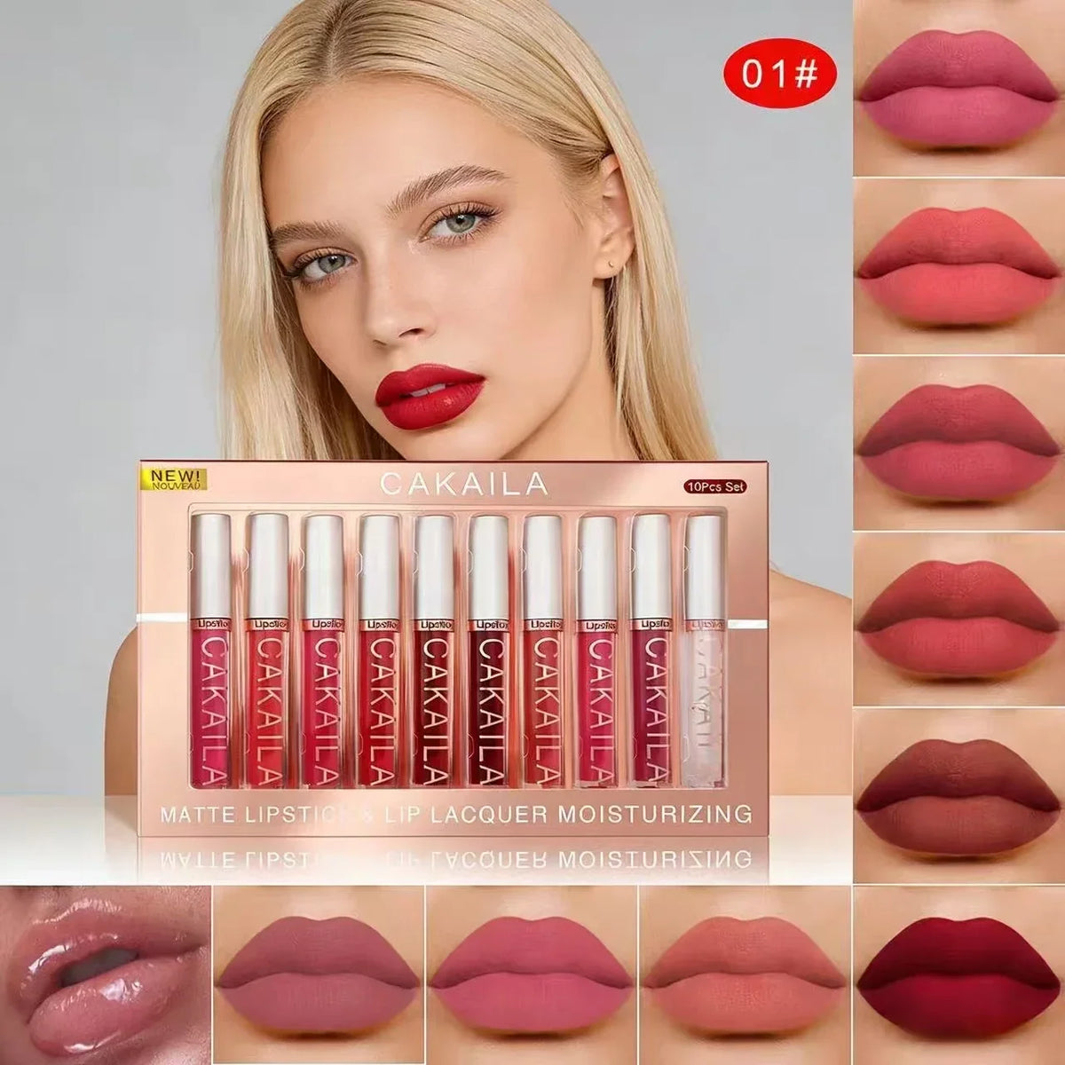 Set of 10 Blushimmer matte liquid lipsticks and lip oils in nude, red, and pink shades with waterproof, long-lasting, non-transfer velvet finish