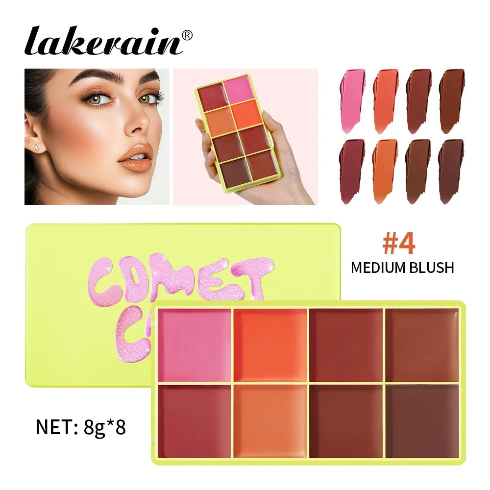 Blushimmer 8-color blusher cream palette with face highlighter, waterproof, matte finish, natural look, long-lasting blush and concealer