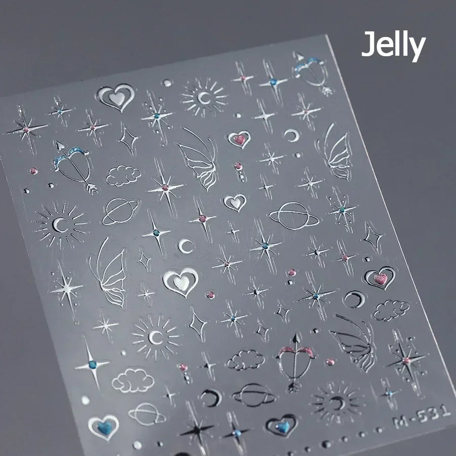 Colorful Cat's Eye 5D gradient European love heart gem nail art stickers with geometric wing crystals for manicure decoration.