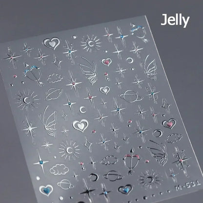 Colorful Cat's Eye 5D gradient European love heart gem nail art stickers with geometric wing crystals for manicure decoration.