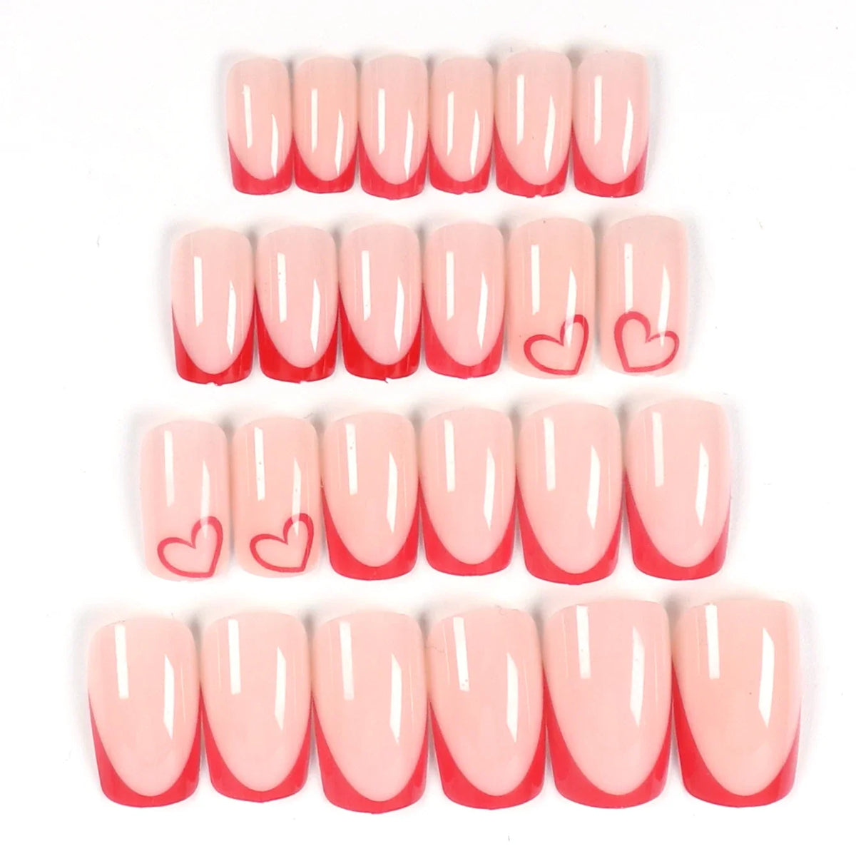 Red heart-shaped false nail set with 24 pieces from Blushimmer, featuring detachable nails and a cuticle pusher tool.