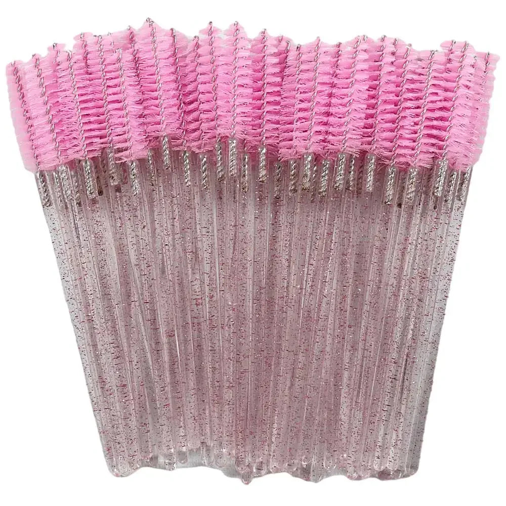 Set of 50 disposable Blushimmer makeup eyelash brushes with crystal diamond handles and mascara wand applicators for lashes and eyebrows.