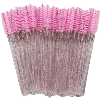 Set of 50 disposable Blushimmer makeup eyelash brushes with crystal diamond handles and mascara wand applicators for lashes and eyebrows.